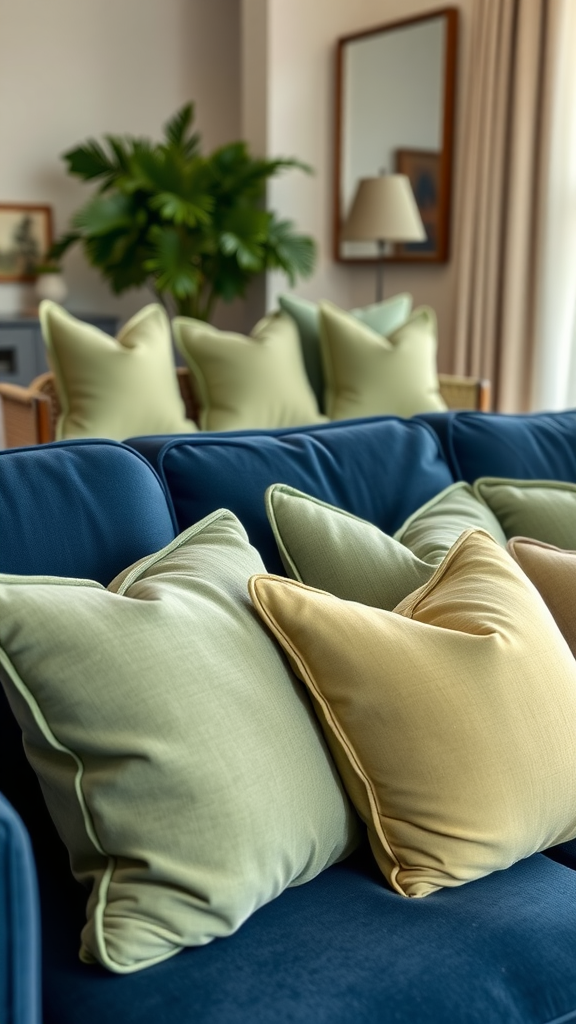 A navy blue sofa adorned with sage green throw pillows, set in a bright living room.