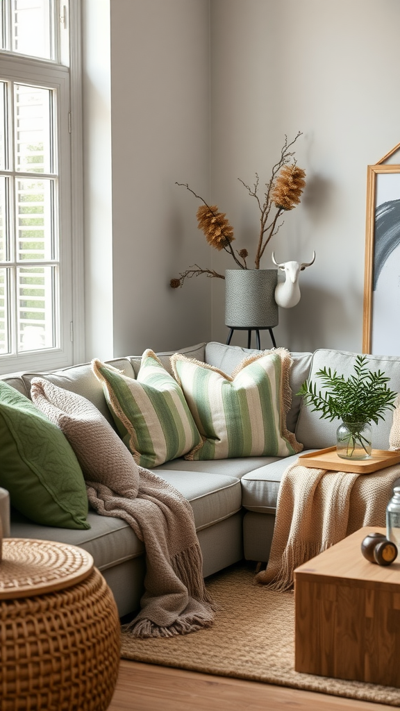 Cozy living room with sage green throw pillows and blankets