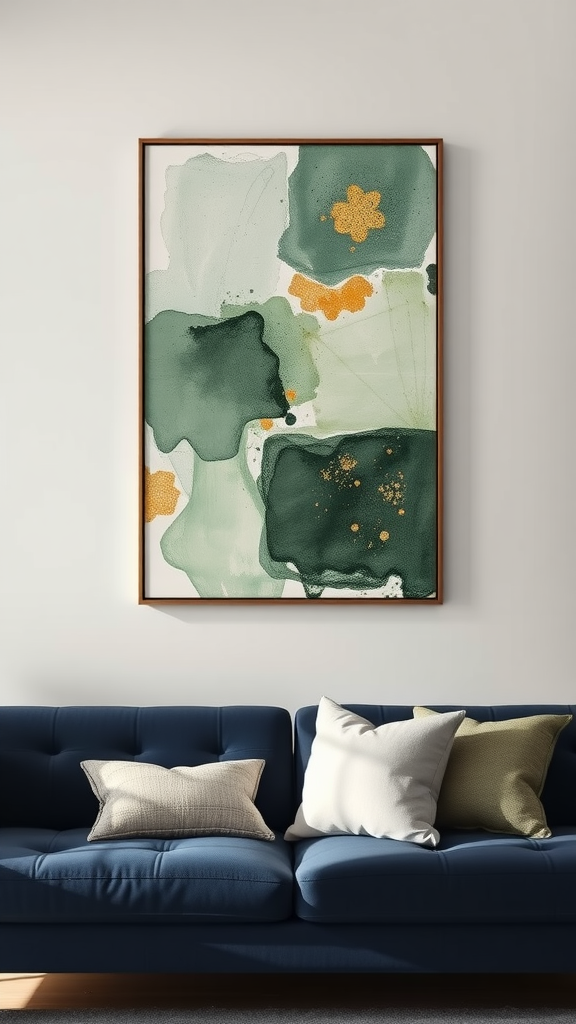 Abstract sage green wall art with gold and orange accents above a navy blue sofa.