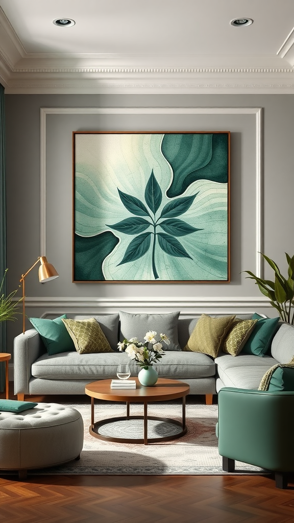 Living room with sage green wall art featuring a leaf design, cozy furniture, and plants.