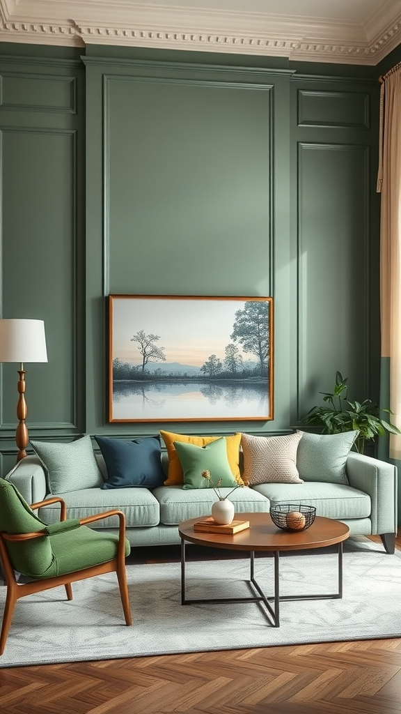 A cozy living room with sage green walls and colorful cushions on a sofa.