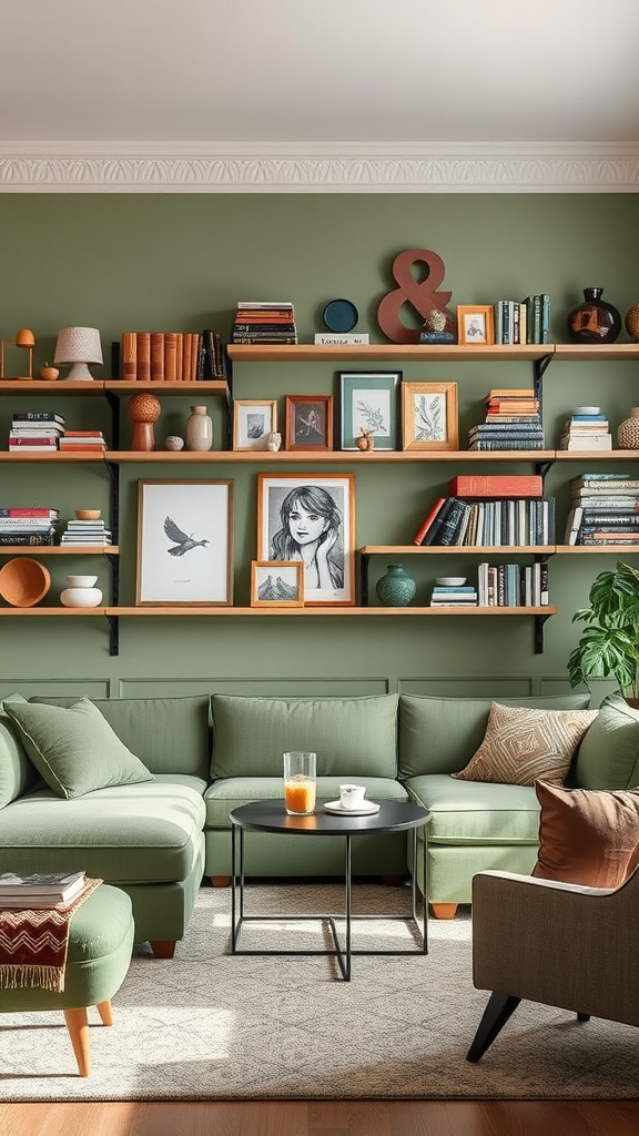 A cozy living room featuring sage green wall shelves filled with books and decorative items, complemented by soft green furniture.