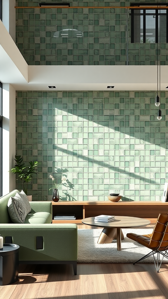 A stylish living room featuring sage green wall tiles, a green sofa, wooden furniture, and natural light.