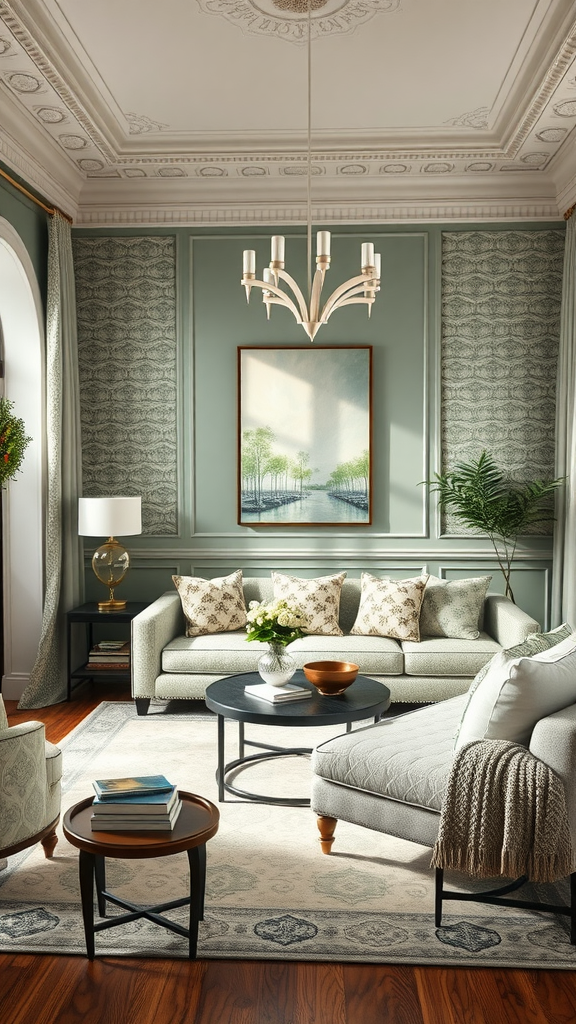 A serene living room featuring sage green walls, classic patterns, and cozy furnishings.