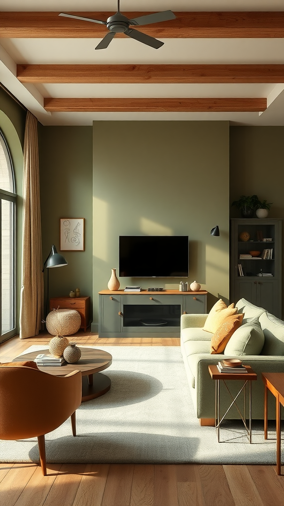 A cozy living room featuring sage green walls, wooden beams, a green sofa, and orange cushions, showcasing earthy tones.