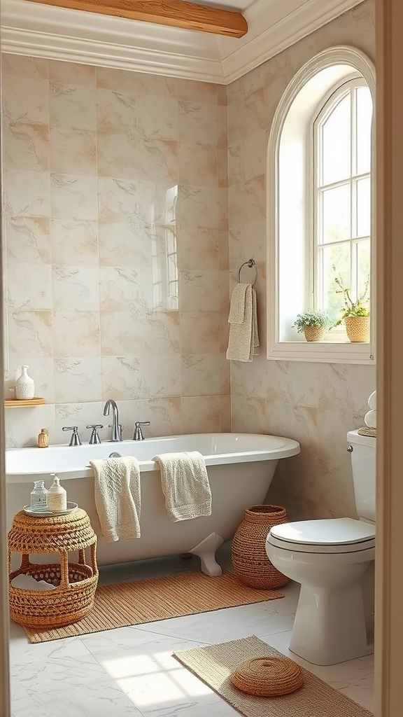 A cozy bathroom featuring sandy colored tiles, a freestanding tub, and natural decor elements.