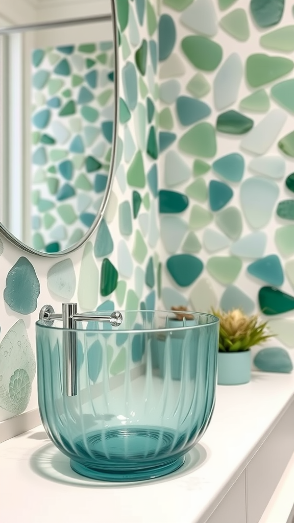 A bathroom with seaglass-inspired decor featuring a green and blue wall and a glass basin.