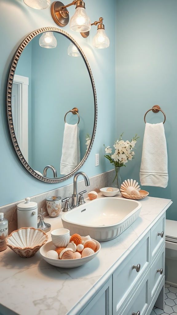 A bathroom sink with seashell-inspired decor, featuring bowls of shells and a light blue wall.