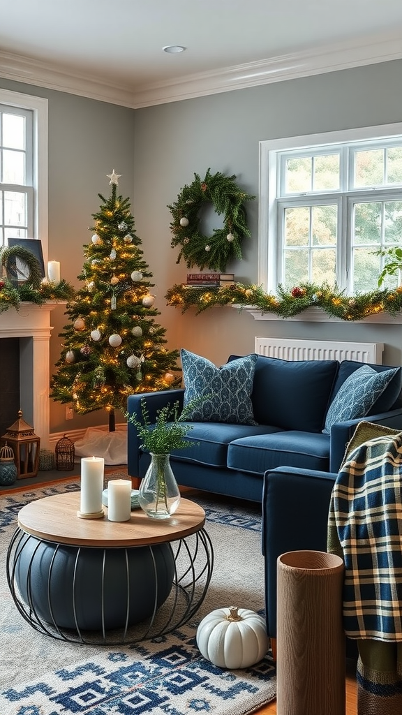 Cozy living room with sage green walls, navy blue sofa, Christmas tree, and seasonal decorations.