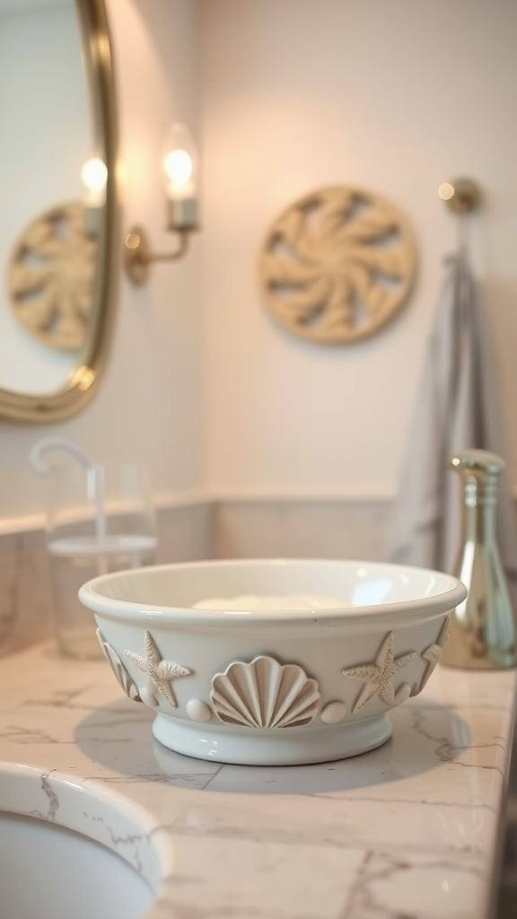 A coastal-themed soap dish featuring shells and coral designs