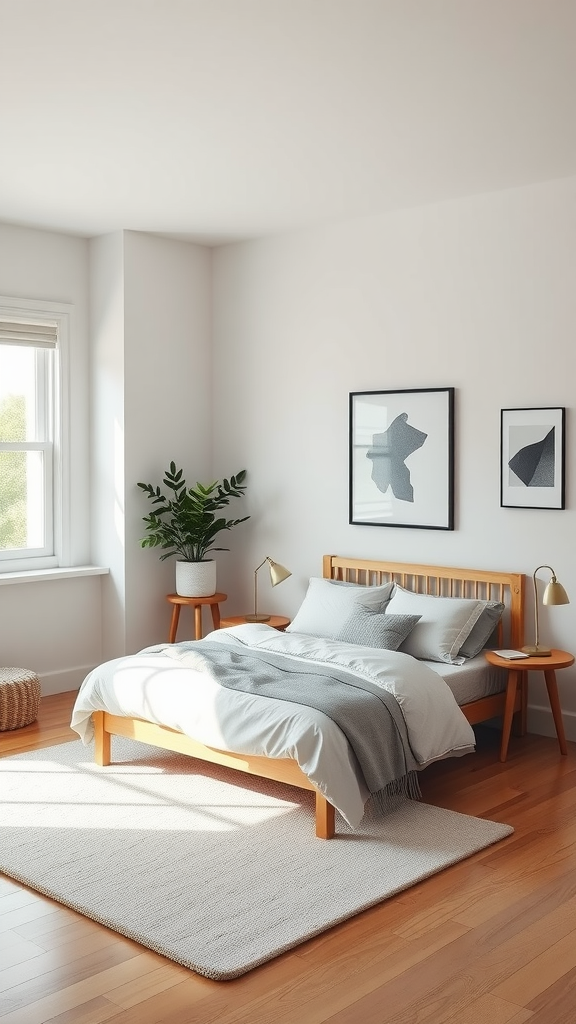 A minimalist Scandinavian bedroom with natural wood furniture, soft linens, and a plant, showcasing simplicity in decor.