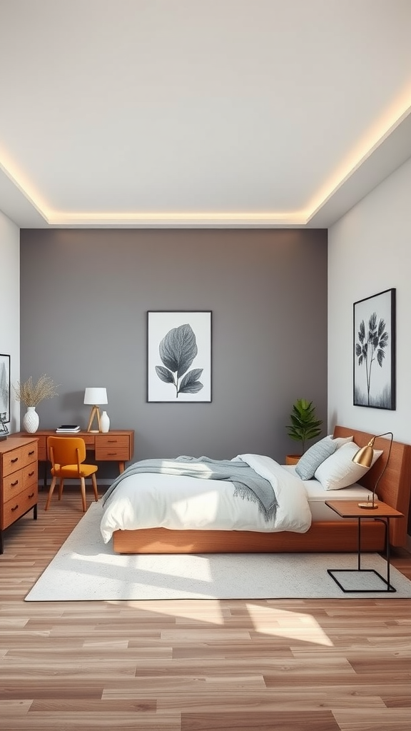 A modern Scandinavian bedroom with sleek furniture, simple shapes, and natural decor elements.