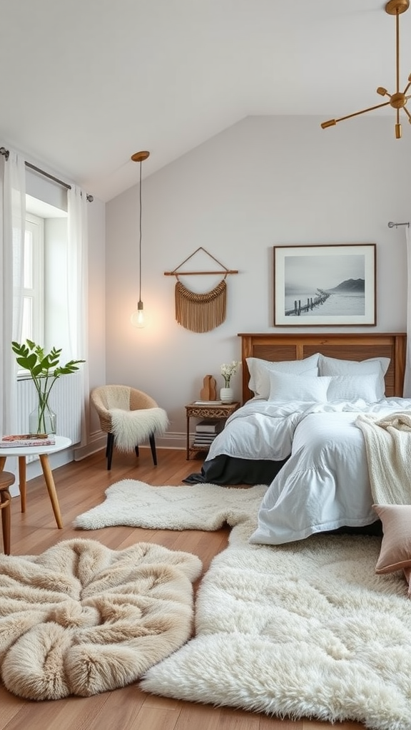 A cozy bedroom with soft, plush rugs on the floor, showcasing Scandinavian and rustic home decor.