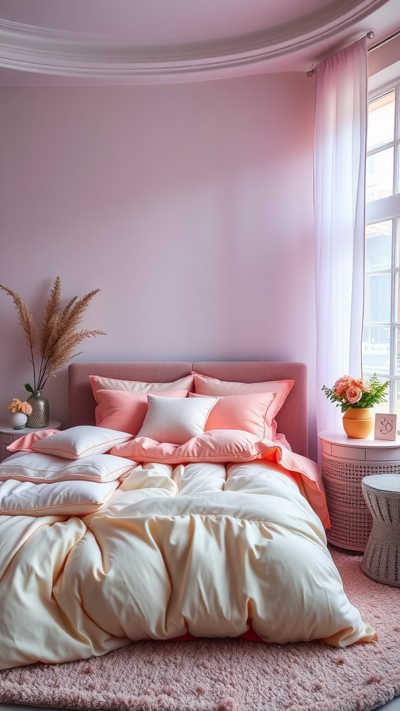 A cozy bedroom with soft pink and cream bedding, natural decor, and a warm ambiance.