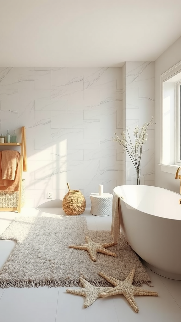 A bright bathroom featuring a soft textured rug, a bathtub, and coastal decor elements.