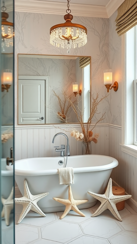 Coastal bathroom featuring a freestanding bathtub with starfish decorations.