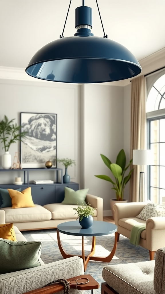 A stylish living room featuring a navy blue pendant light, cozy sofas, and decorative pillows in various colors.