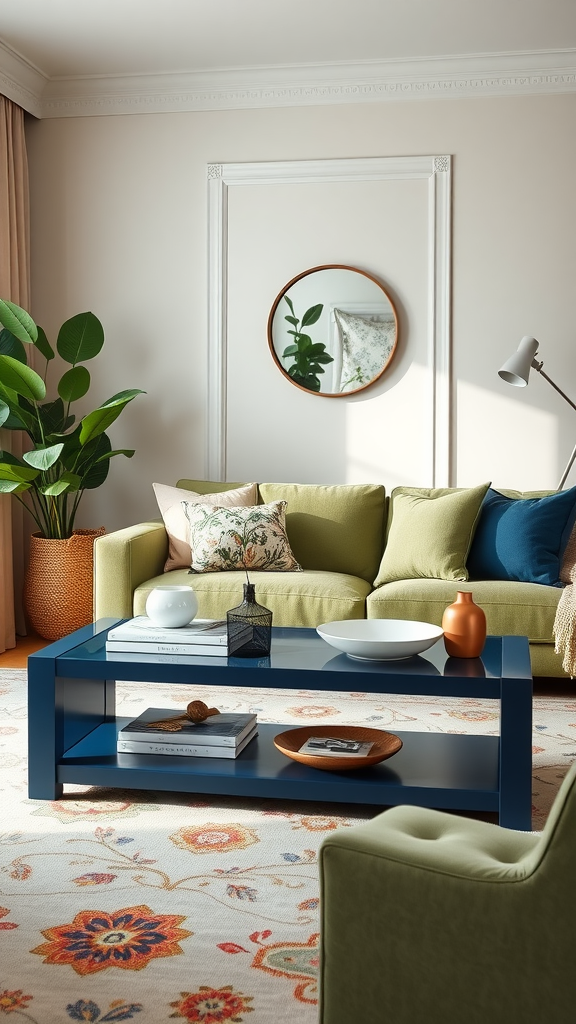 A stylish navy blue coffee table with books and decor in a living room featuring a green sofa and plants.