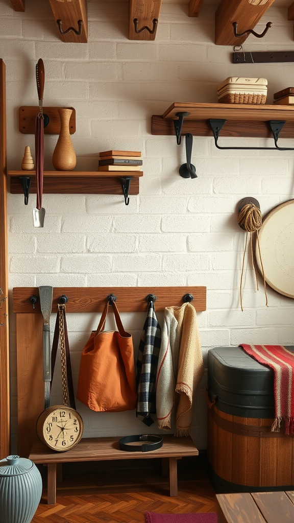 A rustic wall with wooden shelves and hooks displaying bags, blankets, and a vintage clock.