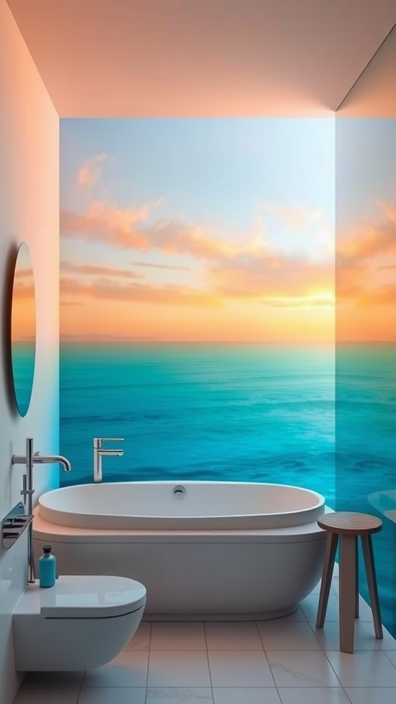 A modern bathroom with a view of a sunset over the ocean, featuring a freestanding tub and coastal colors.