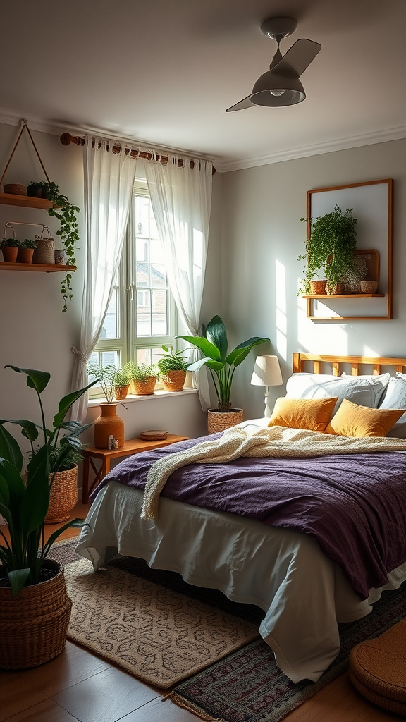 A cozy bedroom with natural elements, plants, and rustic decor showcasing sustainable design.