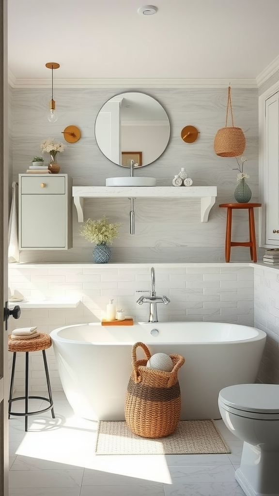 A beautifully designed bathroom featuring a white freestanding bathtub, wooden accents, and a coastal decor style.