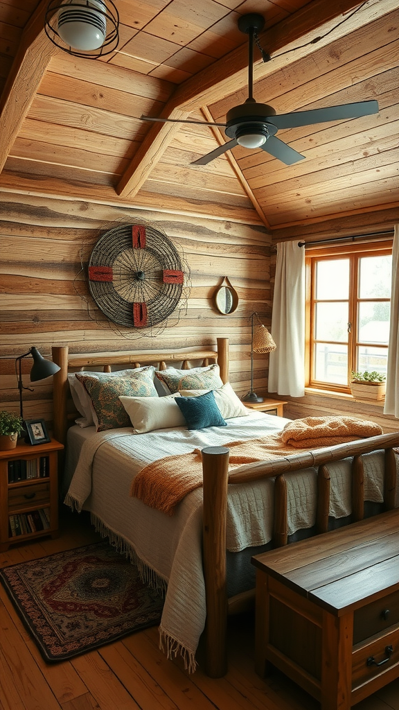 A rustic Scandinavian bedroom with wooden beams, a cozy bed, and natural decor elements.