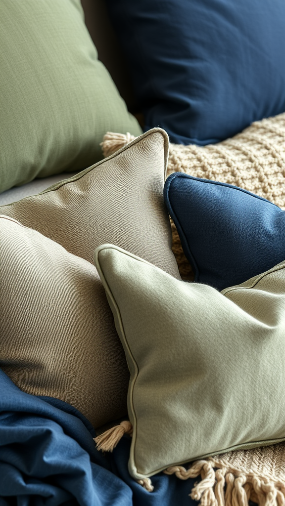 An arrangement of cushions in navy blue and sage green on a textured throw blanket.