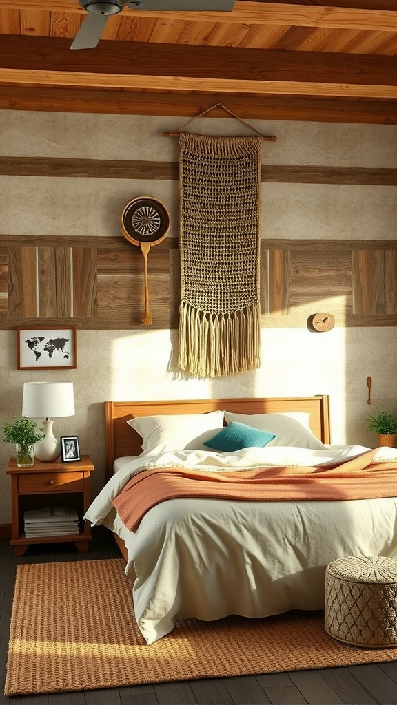 A cozy bedroom featuring textured wall treatments with wooden accents and soft decor elements.