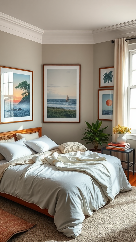 A cozy bedroom with framed nature-themed artwork, soft bedding, and indoor plants.