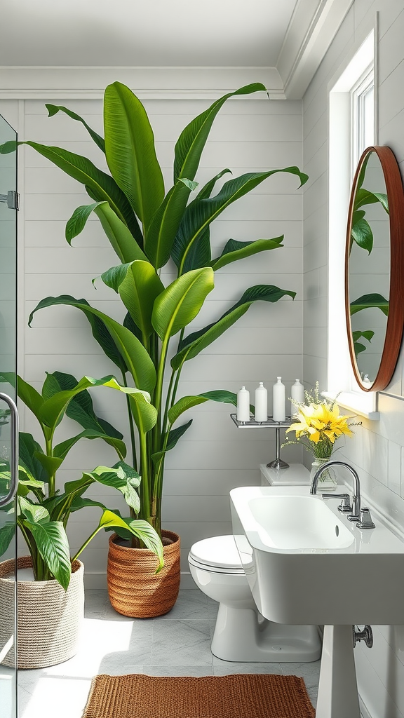 A modern bathroom featuring large tropical plants in decorative pots, white walls, and a stylish mirror.