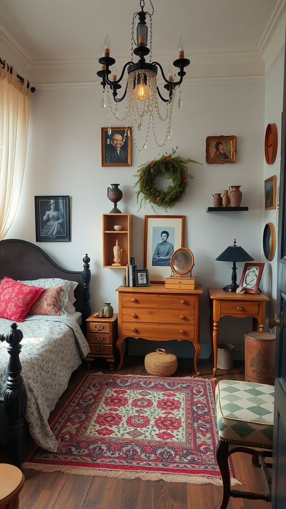 A vintage-inspired bedroom featuring rustic decor with wooden furniture, a chandelier, and framed portraits.