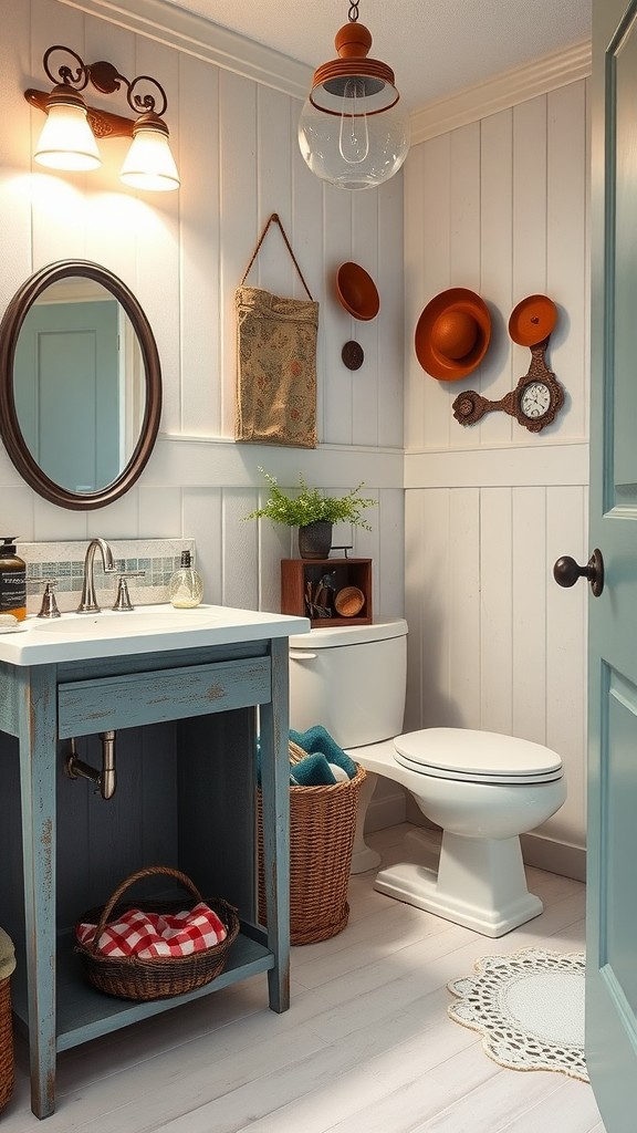 A vintage-inspired bathroom with rustic decor and coastal elements.