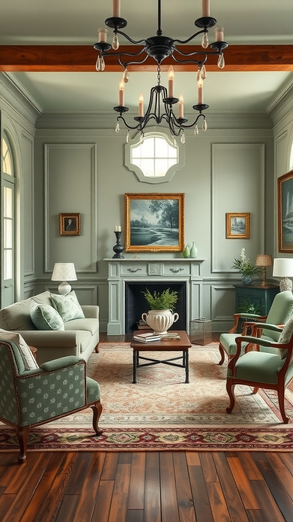 A vintage living room featuring sage green furniture, classic decor, and a warm wooden floor.