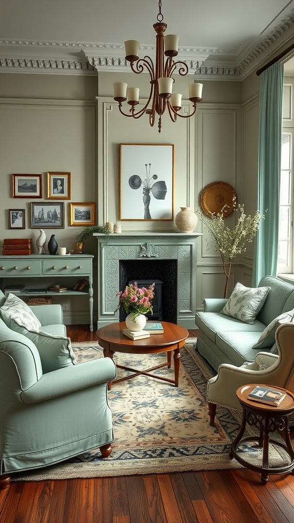 Cozy living room with sage green decor, featuring plush sofas, a wooden coffee table, and vintage artwork.
