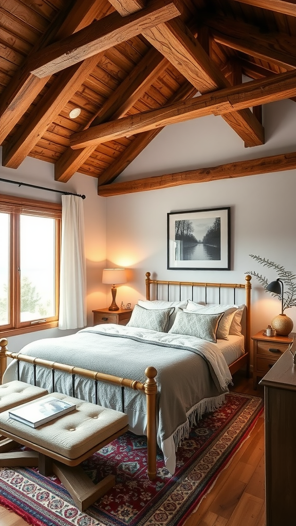 Cozy bedroom featuring wooden beam ceiling, warm lighting, and rustic decor.