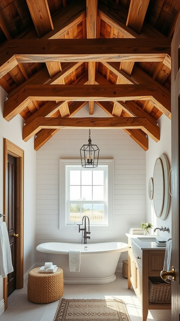 A stylish bathroom featuring wooden beams, a freestanding tub, and coastal decor elements.