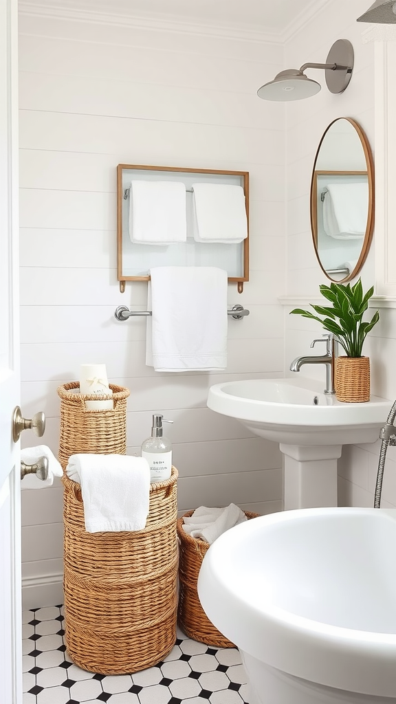 A modern bathroom featuring woven baskets for storage, decorated with white towels and plants.