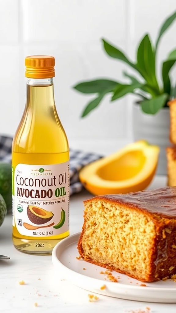 A bottle of coconut oil next to a slice of moist keto cake on a plate.