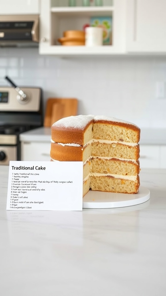 A traditional layered cake with a recipe card beside it.