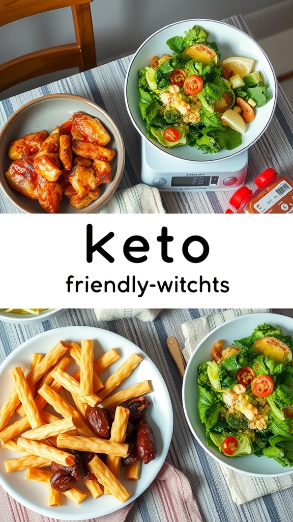A variety of keto-friendly meals on a table, including salads and snacks.