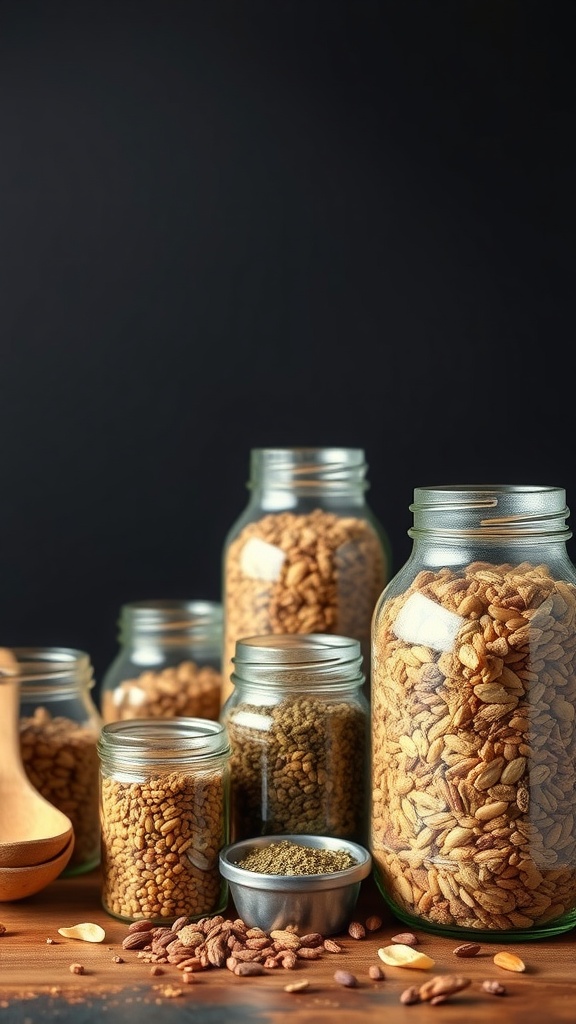 Various jars filled with bulk nuts, seeds, and spices on a wooden surface.