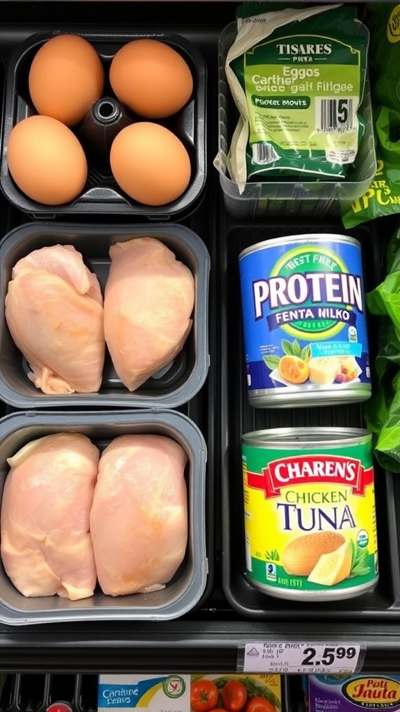 An assortment of affordable protein sources including chicken, eggs, canned tuna, and vegetables.