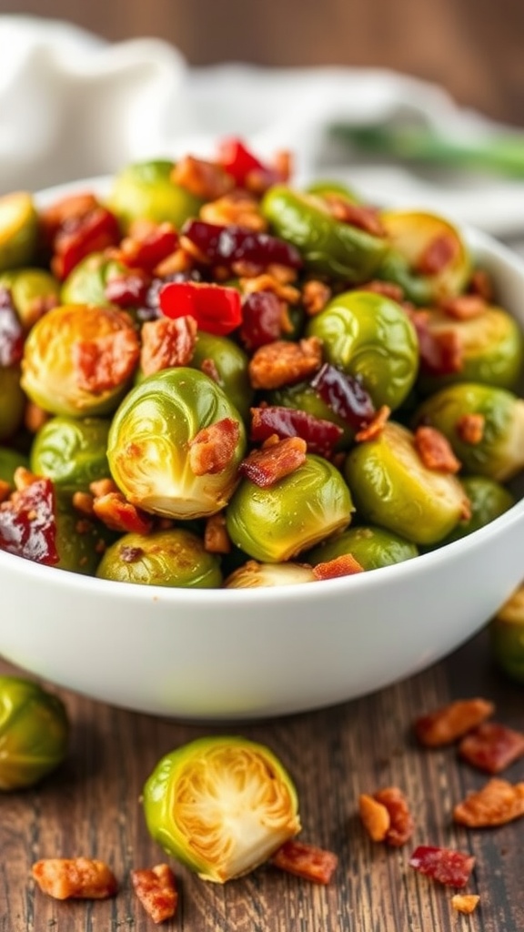 A bowl of crispy Brussels sprouts mixed with bacon and red bits.