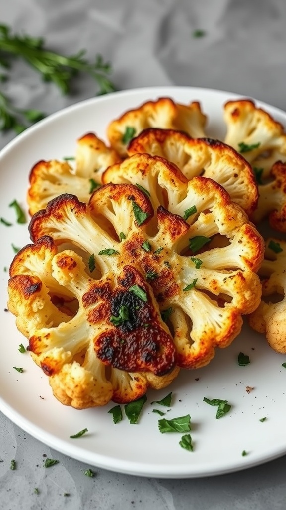 Plate of golden roasted cauliflower steaks garnished with parsley