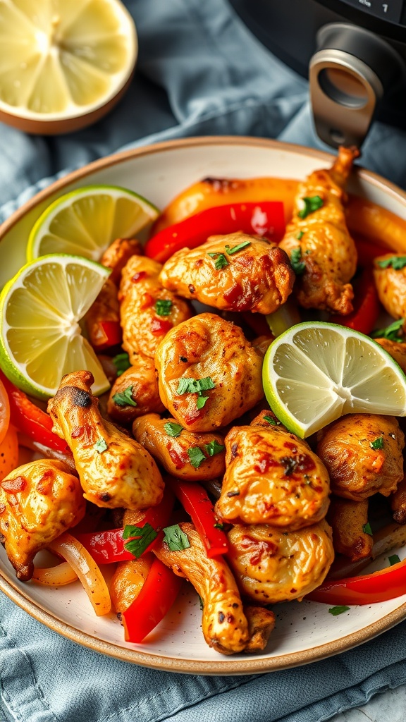 A plate of air fryer chicken fajitas with red and green bell peppers and lime slices.