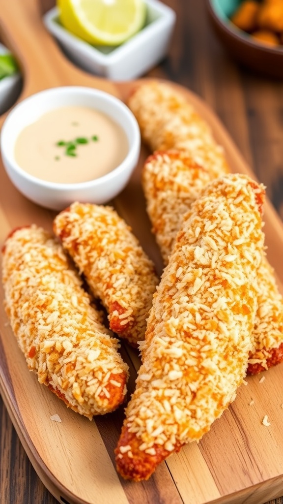 Crisp coconut chicken tenders on a wooden plate with dipping sauce.