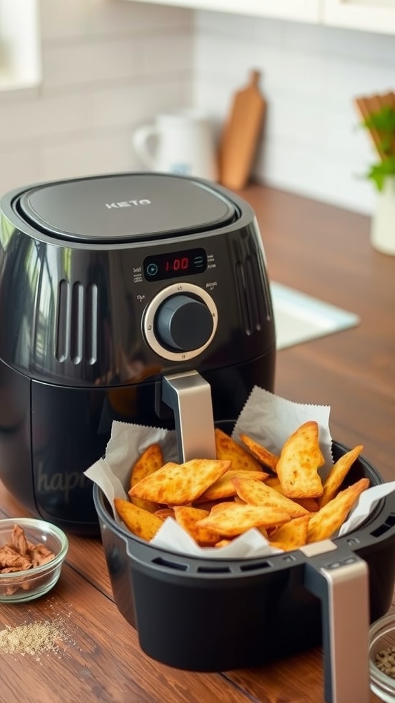 An air fryer with crispy fries inside, showcasing a sleek design.