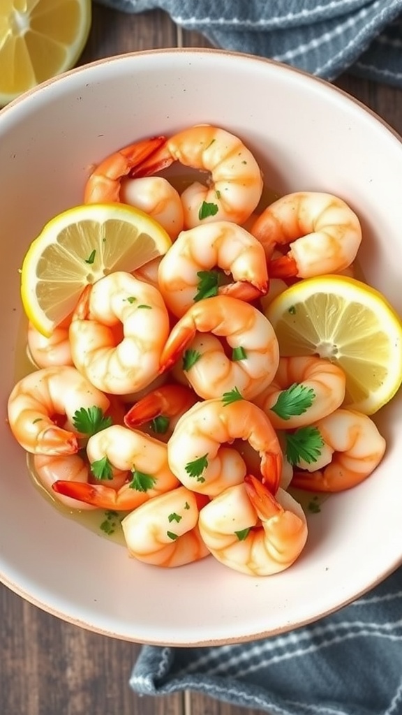 A bowl of lemon garlic butter shrimp garnished with parsley and lemon slices.