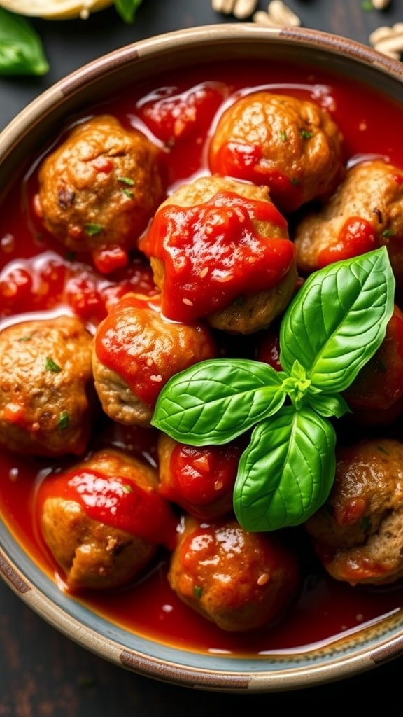 Bowl of air fryer meatballs in marinara sauce with basil leaves